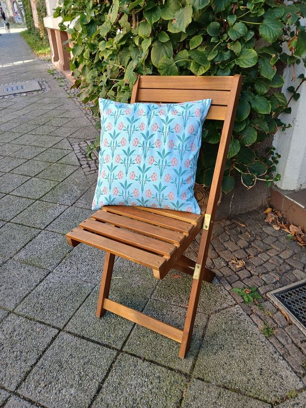 Kissenhülle, 40 x 40cm, Motiv  Kissenhülle, 40 x 40cm, Motiv "Erker", Farbstellung "Gartenteich" (Hellblau), blaugrün, altrosa