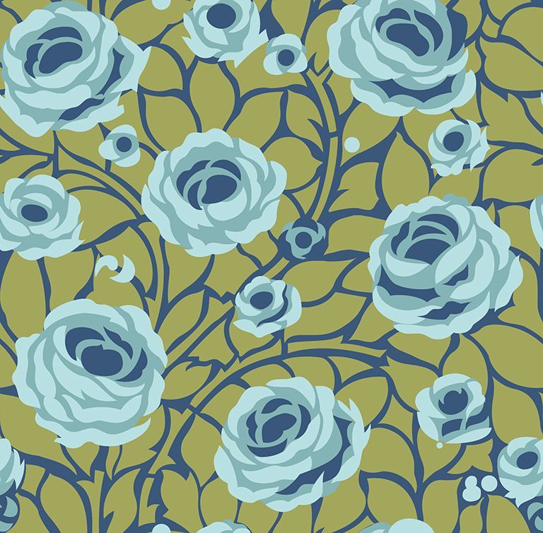 Halbpanama, Meterware, Baumwollstoff, Navy-grün-Blautöne, Rosen, Landhausstil, Muster "Weg zum Turm"