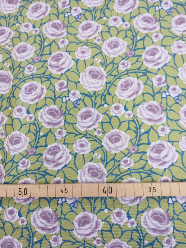 Halbpanama, Meterware, Baumwollstoff, weiß-grün-flieder, Rosen, Landhausstil, Muster "Weg zum Turm", kleine Mustergröße