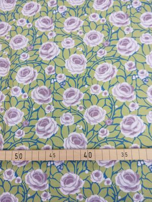 Halbpanama, Meterware, Baumwollstoff, weiß-grün-flieder, Rosen, Landhausstil, Muster Halbpanama, Meterware, Baumwollstoff, weiß-grün-flieder, Rosen, Landhausstil, Muster "Weg zum Turm", kleine Mustergröße