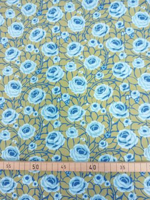 Halbpanama, Meterware, Baumwollstoff, Navy-grün-Blautöne, Rosen, Landhausstil, Muster Halbpanama, Meterware, Baumwollstoff, Navy-grün-Blautöne, Rosen, Landhausstil, Muster "Weg zum Turm", kleine Mustergröße