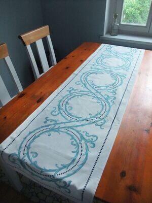 Tischläufer, Dornenhecke, weiß-wasserblau, 45 cm breit, zwei Längen