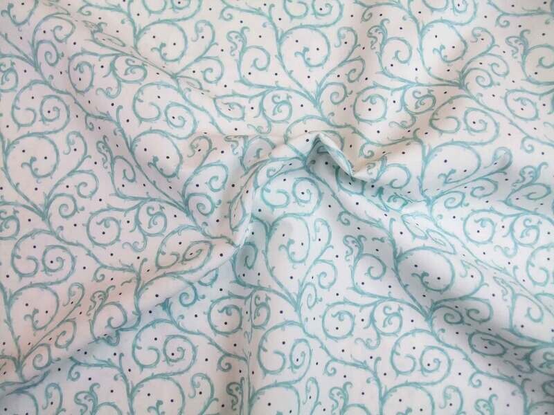 Popeline, Meterware, Baumwollstoff, GOTS, bio, Motiv Dornenhecke, weiß-wasserblau, aqua, Webware, Futterstoff, Patchwork, Blusenstoff, Hemdenstoff, Trachten, Dirndl