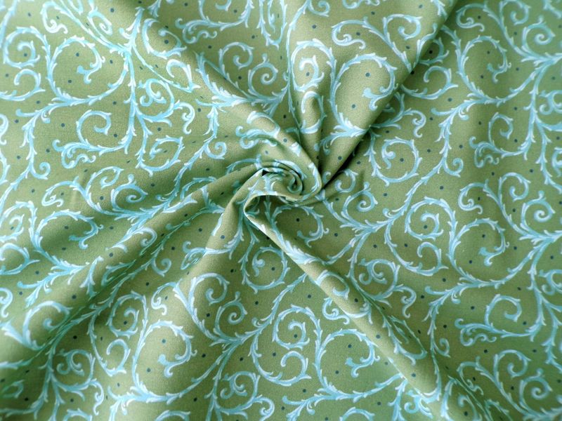 Popeline, Meterware, Baumwollstoff, GOTS, bio, Motiv Dornenhecke, grün-wasserblau, dunkelblaue Pünktchen, Webware, Futterstoff, Blusenstoff, Hemdenstoff, Trachten, Dirndl, Patchwork