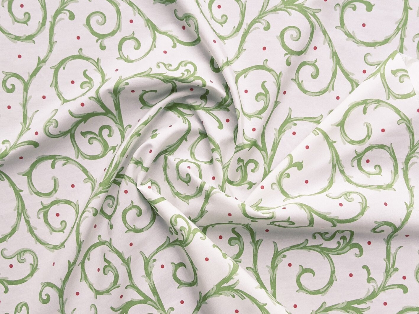 Popeline, Meterware, Baumwollstoff, GOTS, bio, Motiv Dornenhecke, weiß-grün, rote Pünktchen, Futterstoff, Webware, Blusenstoff, Hemdenstoff, Patchwork, Trachten, Dirndl
