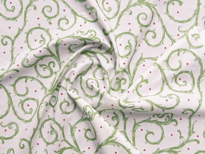 Popeline, Meterware, Baumwollstoff, GOTS, bio, Motiv Dornenhecke, weiß-grün, rote Pünktchen, Futterstoff, Webware, Blusenstoff, Hemdenstoff, Patchwork, Trachten, Dirndl