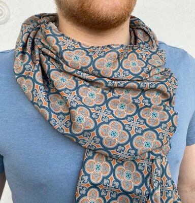 Schal, Batist-Viskose, 30x190cm, Muster "Herrenhaus", Dunkelblau-Grau, doppellagig genäht