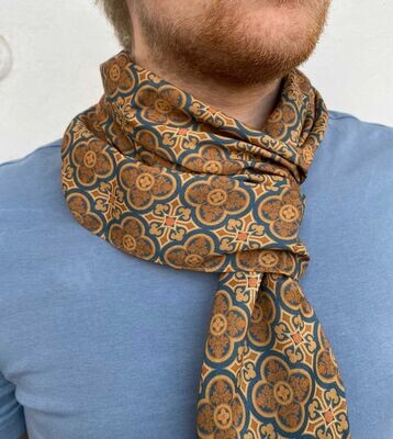 Schal, Batist-Viskose, 30x190cm, Muster "Herrenhaus", Dunkelblau-braun, doppellagig genäht