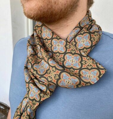 Schal, Batist-Viskose, 30x190cm, Muster "Herrenhaus", Anthrazit-Oliv-grau, doppellagig genäht