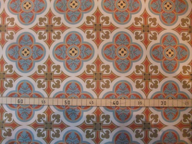 Halbpanama, Meterware,  200g/qm, 160cm breit,  Baumwollstoff, Muster "Herrenhaus", Farbstellung "Aufbruch", beige-rot-braunoliv-blaugrau, für Taschenprojekte, Kissen, Hosen