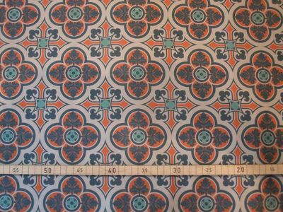 Halbpanama, Meterware, Hellgrau, Dunkelblau/hellrot, Baumwollstoff, 160cm breit, Muster "Herrenhaus", Farbstellung "blauer Fels hell", für Taschenprojekte, Kissen, Hosen