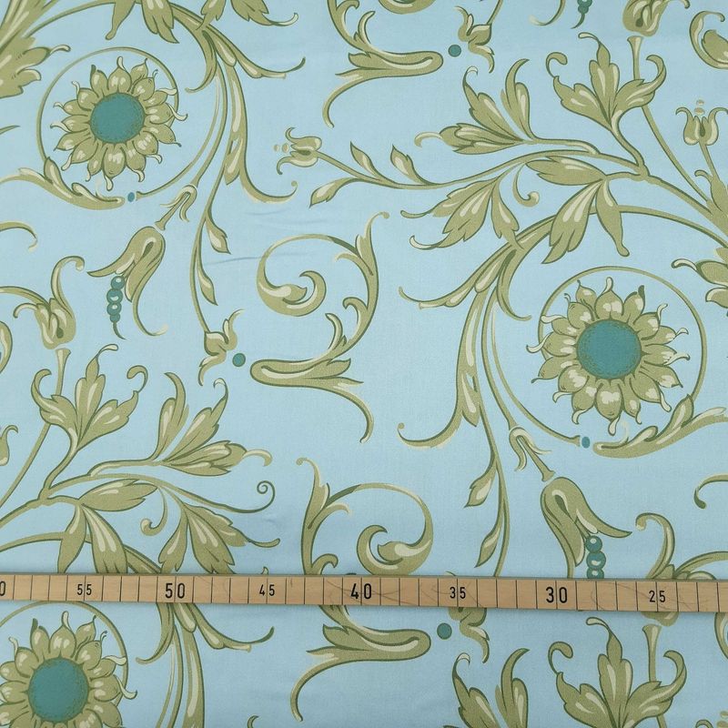 Mako-Satin, Meterware, Baumwolle, Muster Mako-Satin, Meterware, Baumwolle, Muster "Feldblume" in der Farbstellung "Wassergeist", Hellblau/grün/türkis/wasserblau, Ranken, Blume, floral, Sonnenblume, aqua, Bettwäsche, Kleider