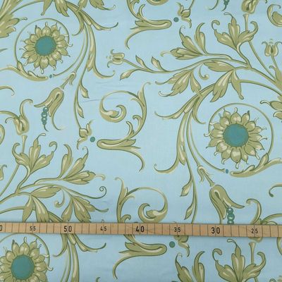 Mako-Satin, Meterware, Baumwolle, Muster Mako-Satin, Meterware, Baumwolle, Muster "Feldblume" in der Farbstellung "Wassergeist", Hellblau/grün/türkis/wasserblau, Ranken, Blume, floral, Sonnenblume, aqua, Bettwäsche, Kleider