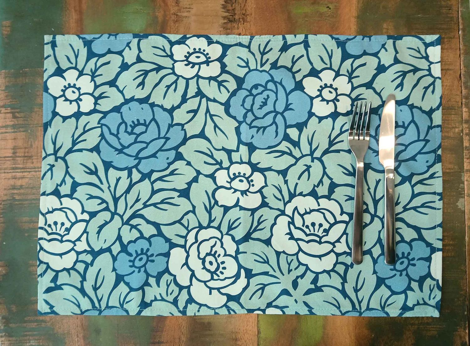 Platzset / Tischset, Rosenmuster, 50x35cm, zum Wenden, Baumwollstoff. blau/türkis Platzset / Tischset, Rosenmuster, 50x35cm, zum Wenden, Baumwollstoff. blau/türkis