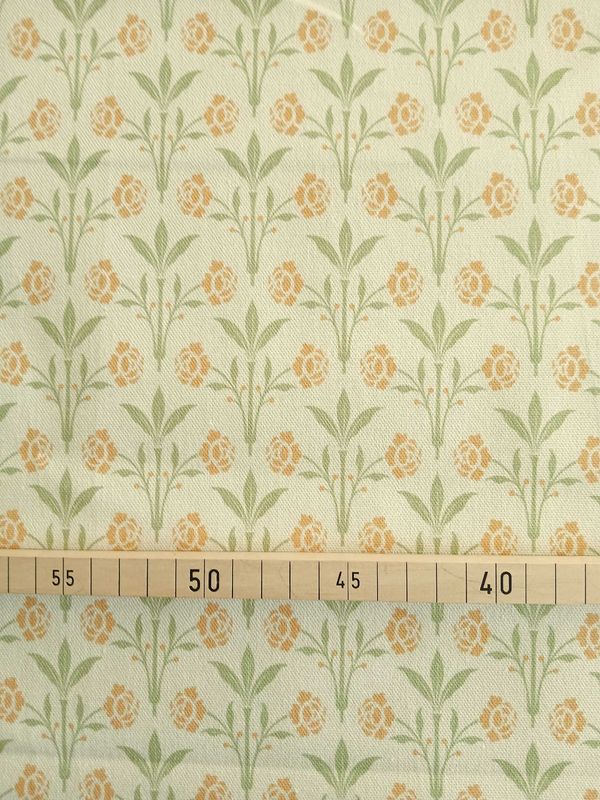 Halbpanama, Meterware, Baumwollstoff, Motiv "Erker", vanillegelb mit hellgrün/gelb, Gründerzeitliches/viktorianisches Muster, Trachten, Dirndl, Kissen, Tischdecke, Taschen