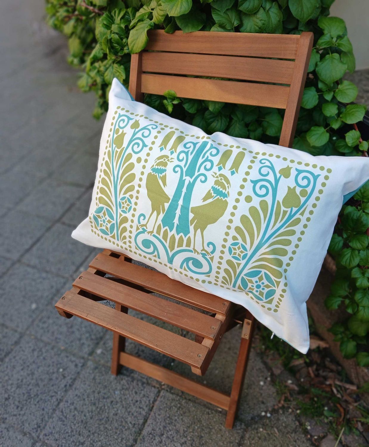 Kissenbezug, Raben, wasserblau-grün, 60x 40 cm, Baumwolle, verdeckter Reißverschluß, Vogel, Jugendstil, türkis