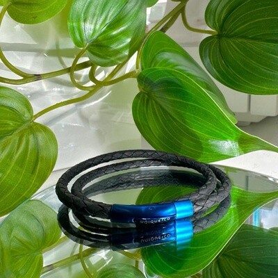Black leather bracelet with blue clasp
