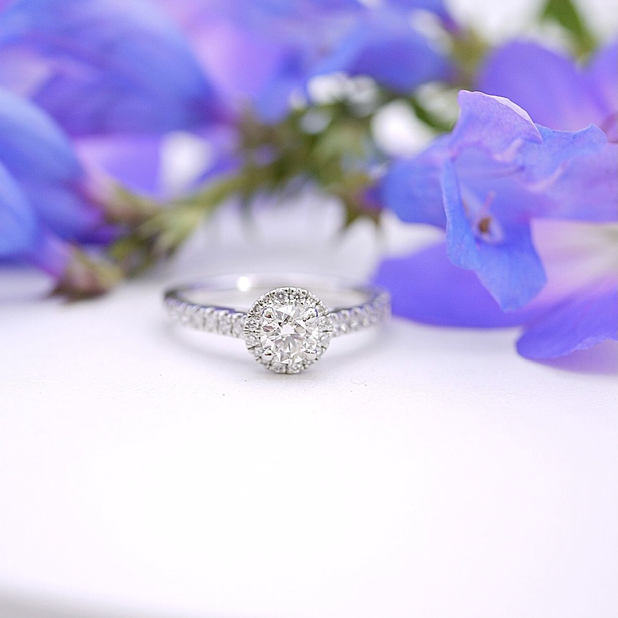 Diamond halo ring with pavé shoulders
