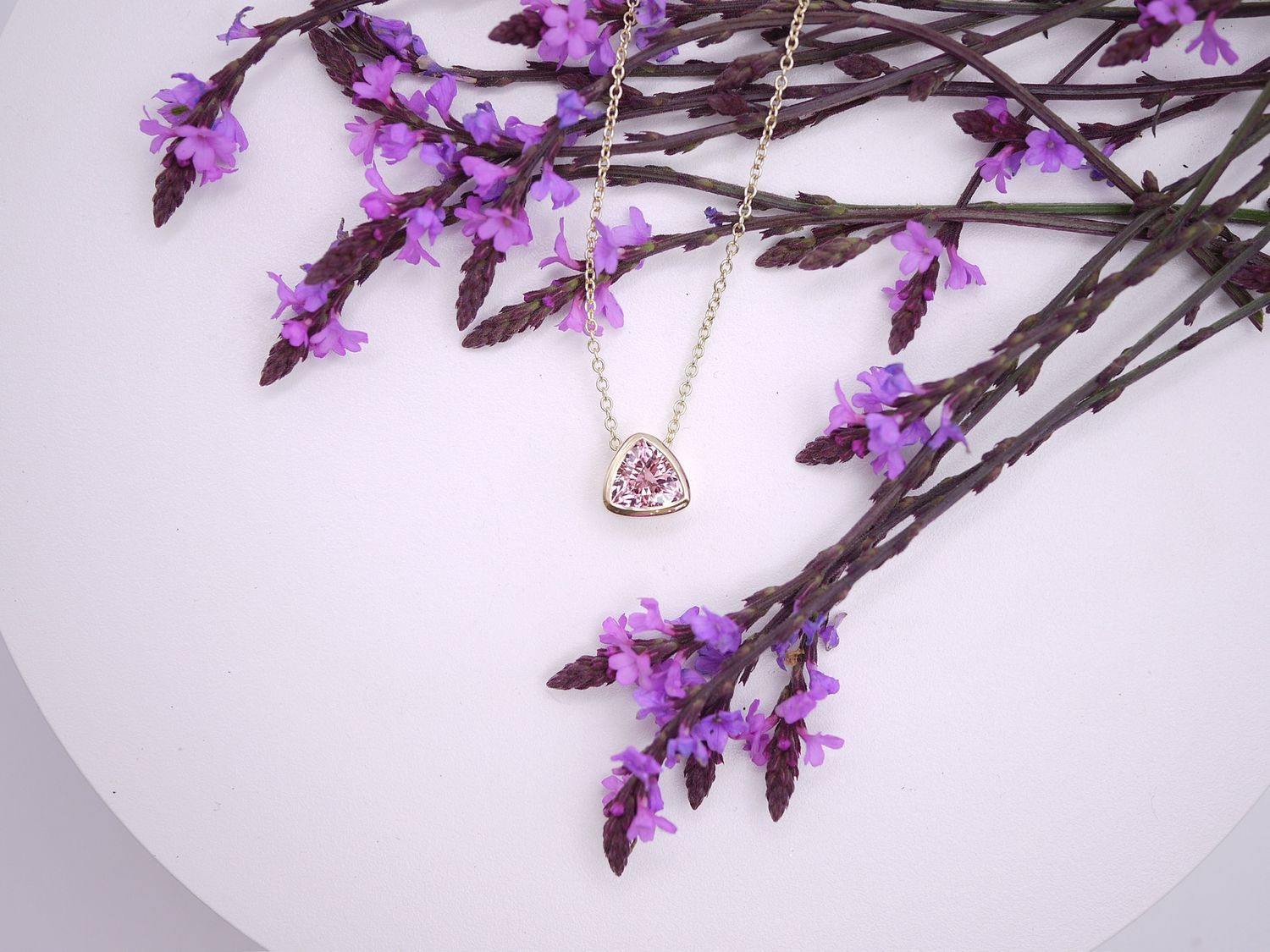 Trillion-cut pink tourmaline floating pendant