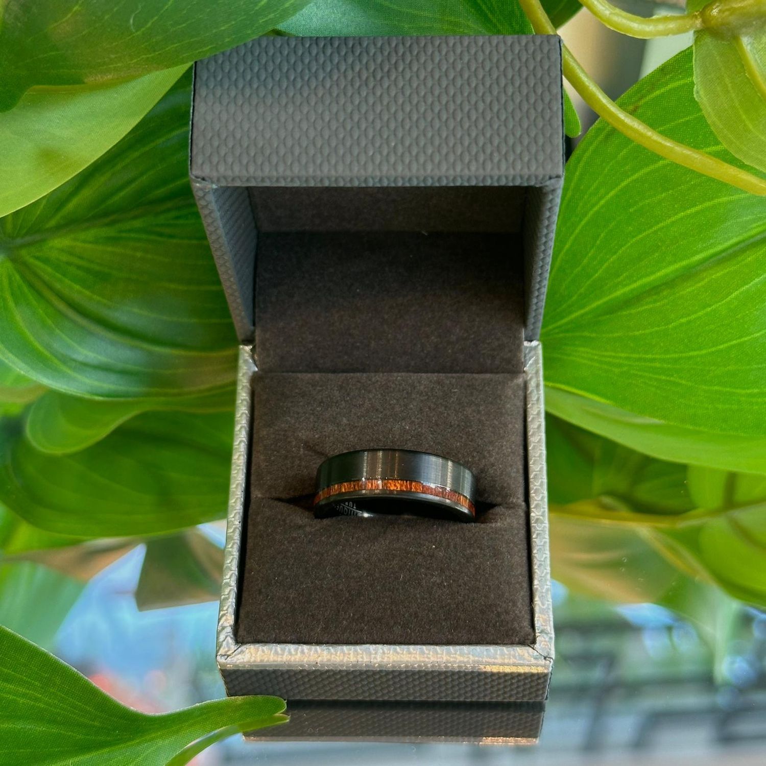 Black ring with wood inlay, Size: 62 (T 3/4)