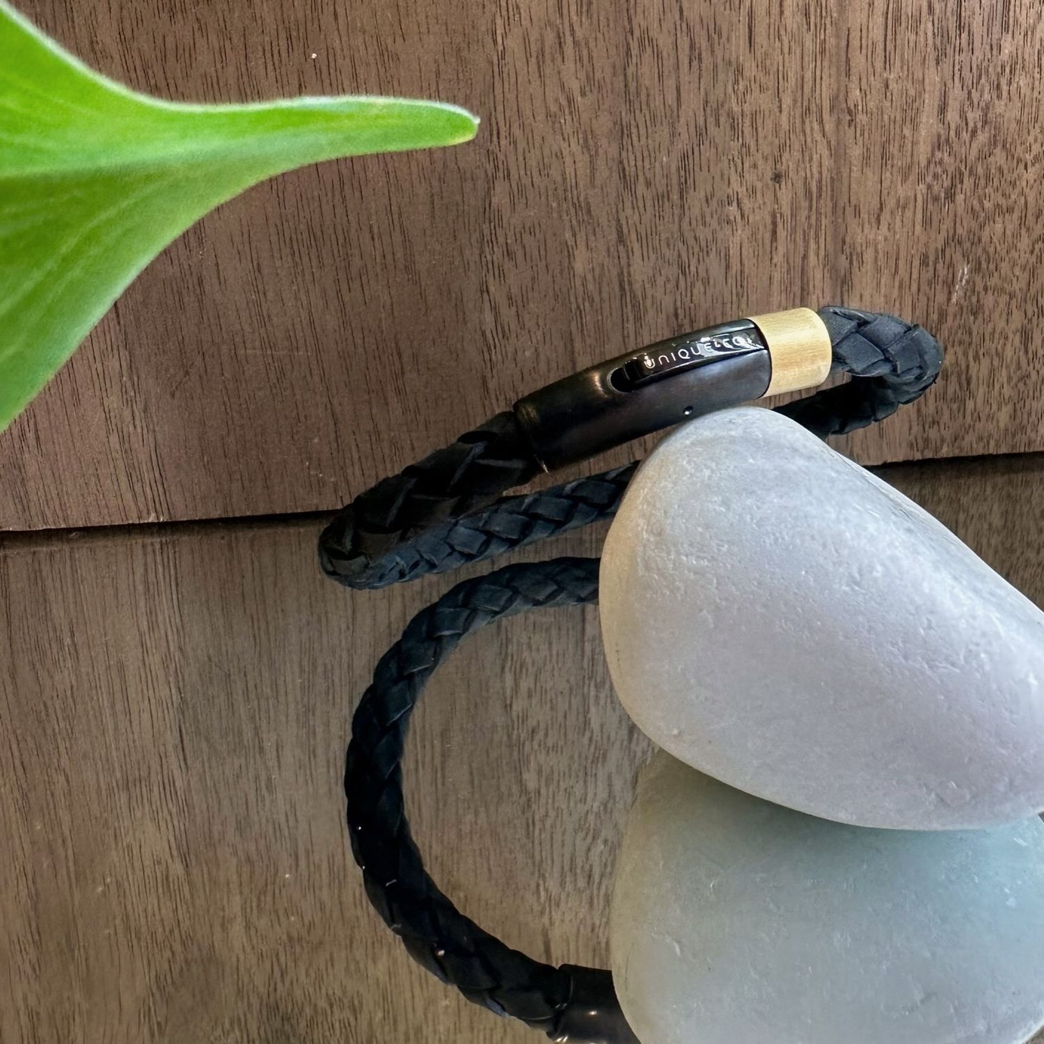 Black round leather bracelet with yellow gold IP plated clasp, Length: 19cm