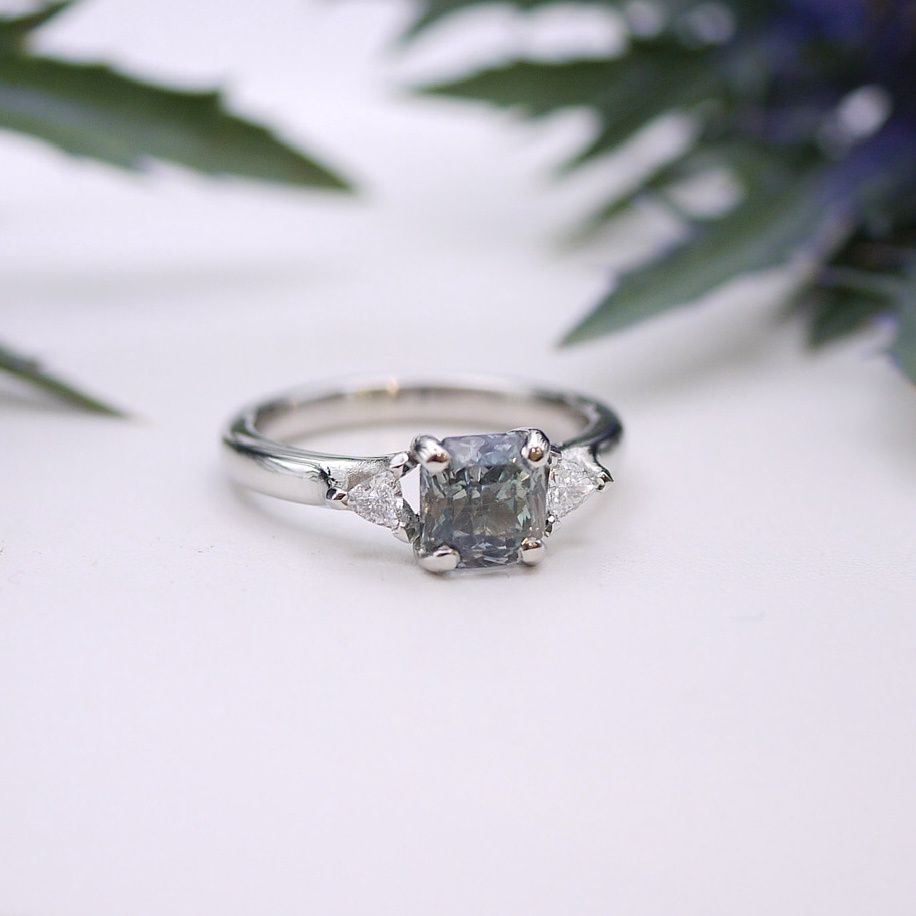 Steely blue sapphire and diamond ring