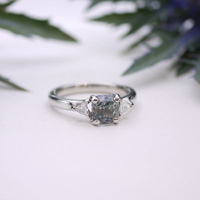 Steely blue sapphire and diamond ring