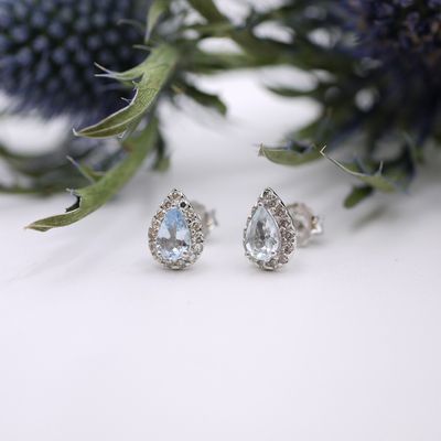 Pear shaped aquamarine and diamond studs