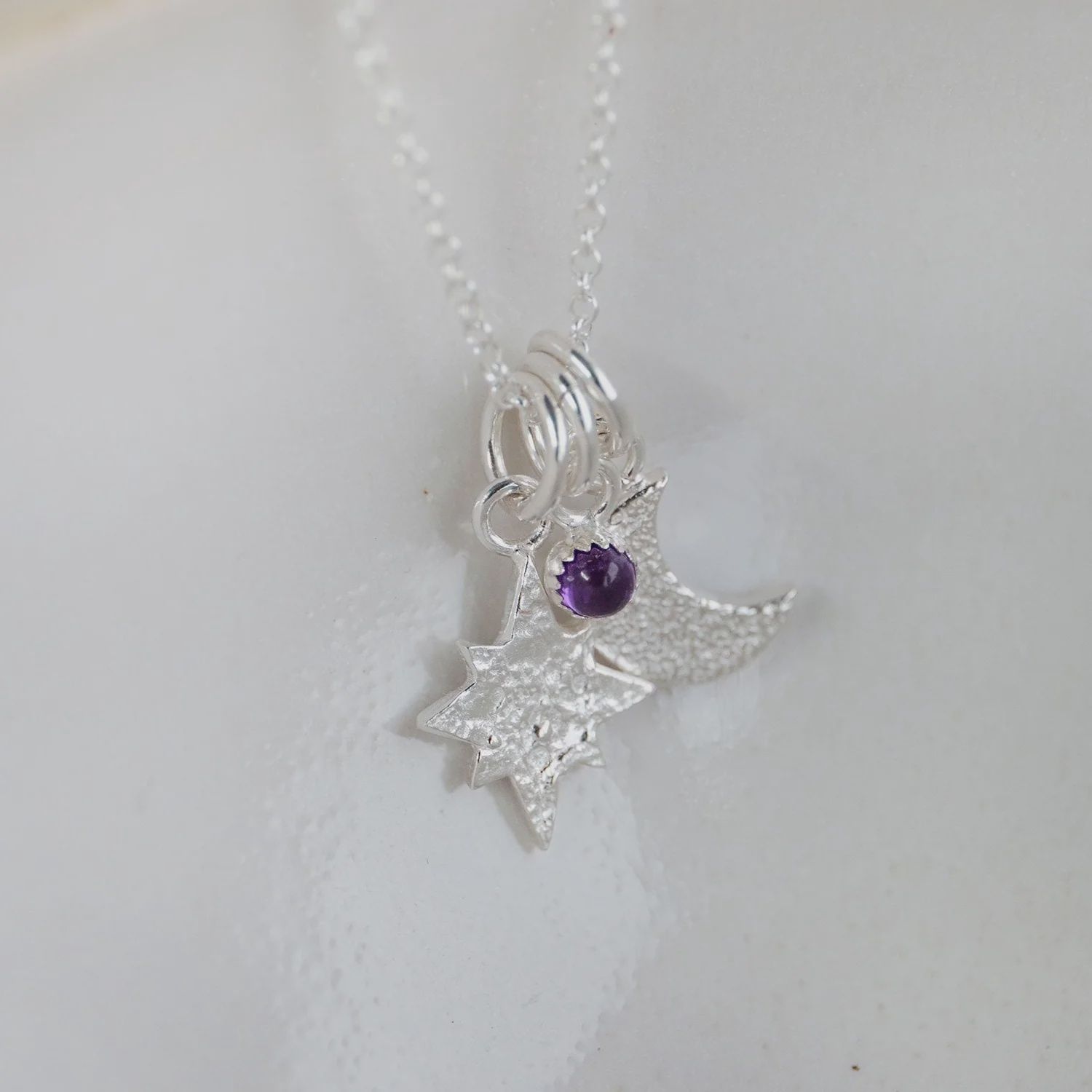 Star &amp; moon gemstone cluster pendant, Stone: Amethyst