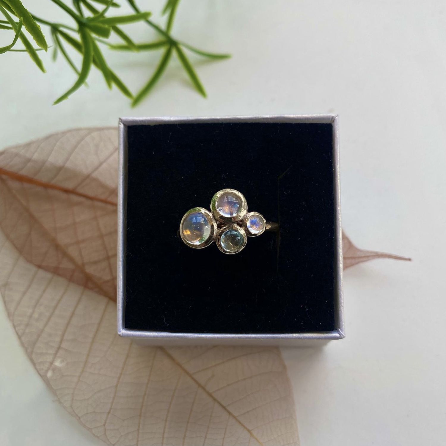 Bubble ring in silver with aqua and moonstones