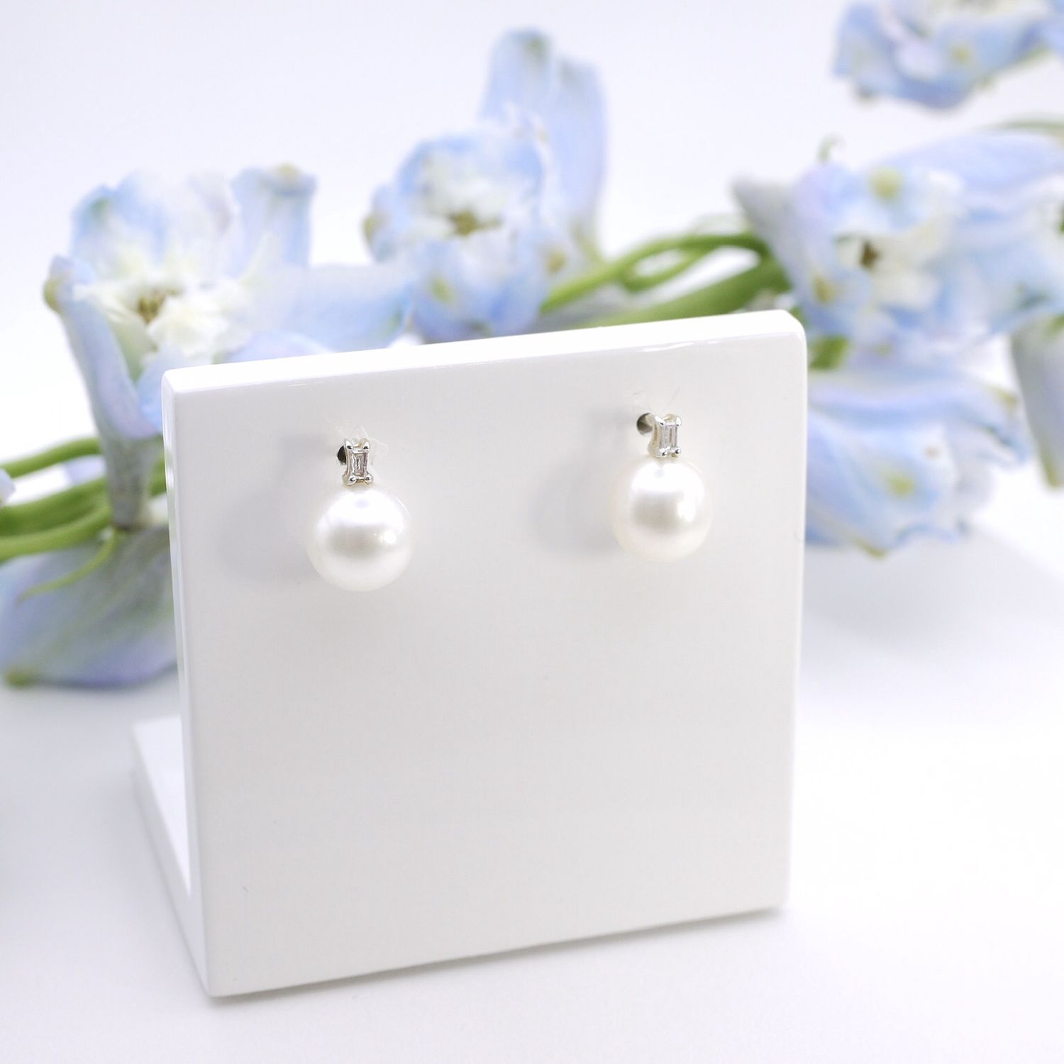 Pearl and baguette- cut diamond studs