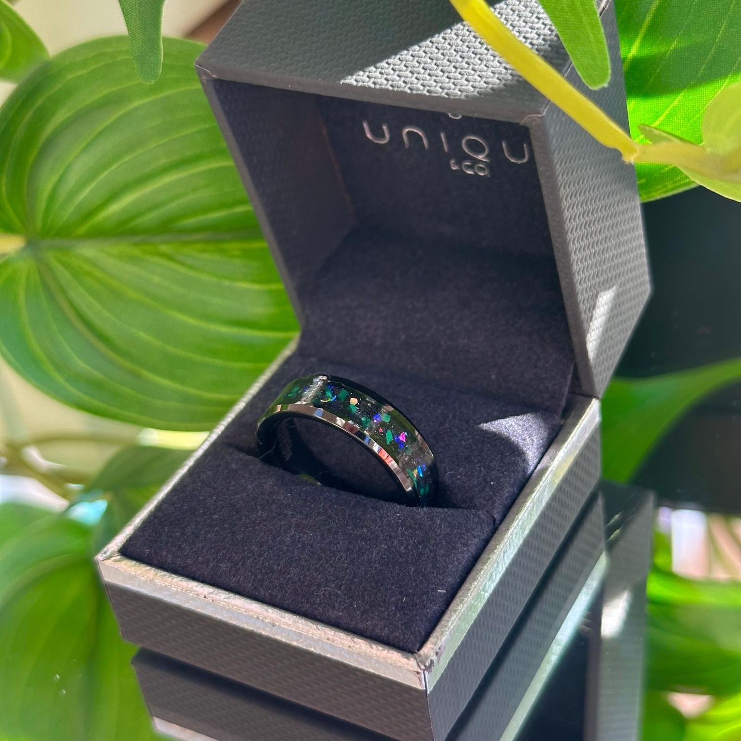 Ring with blue/ green/ black stone, Size: 60 (S)