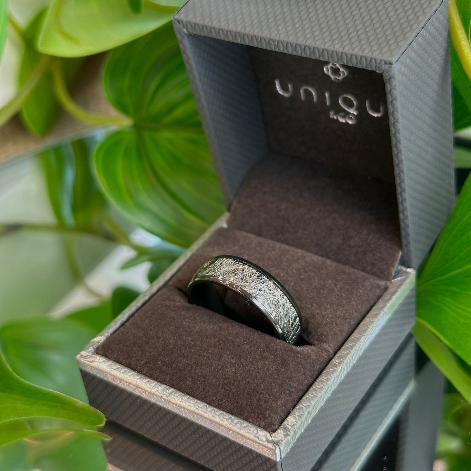 Zirconium ring with meteorite paper inlay, Size: 60 (S)