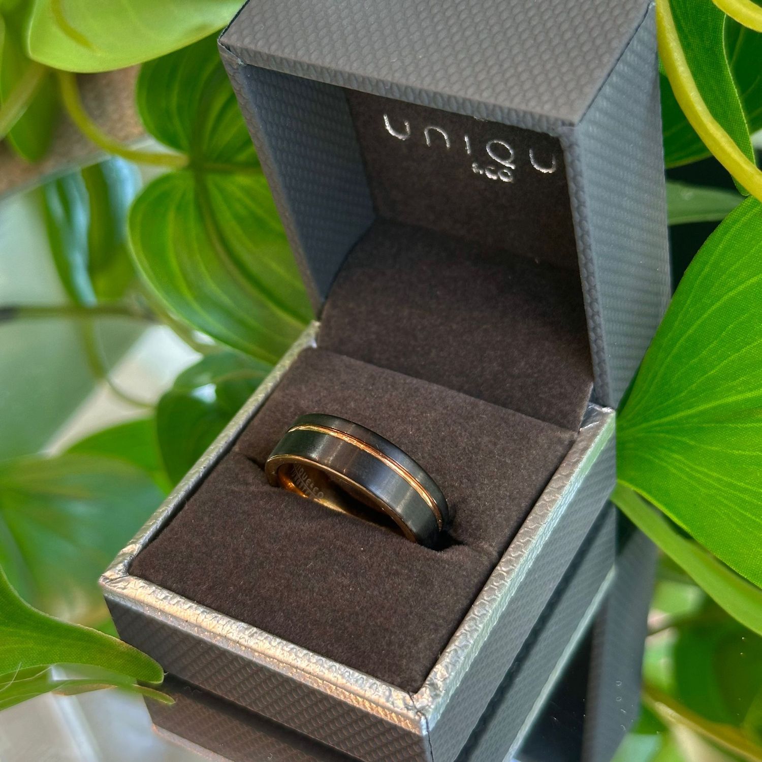 Black ring with rose gold plated line on edge, Size: 56 (O 3/4)