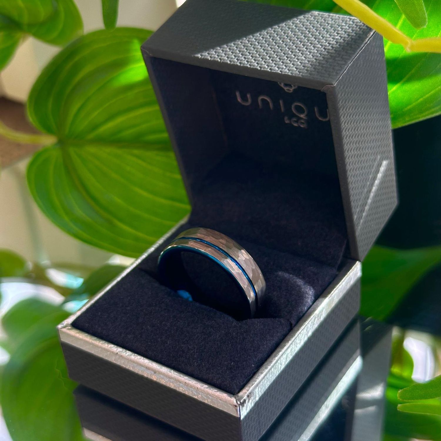 Hammered grey ring with blue line, Size: 62 (T 3/4)