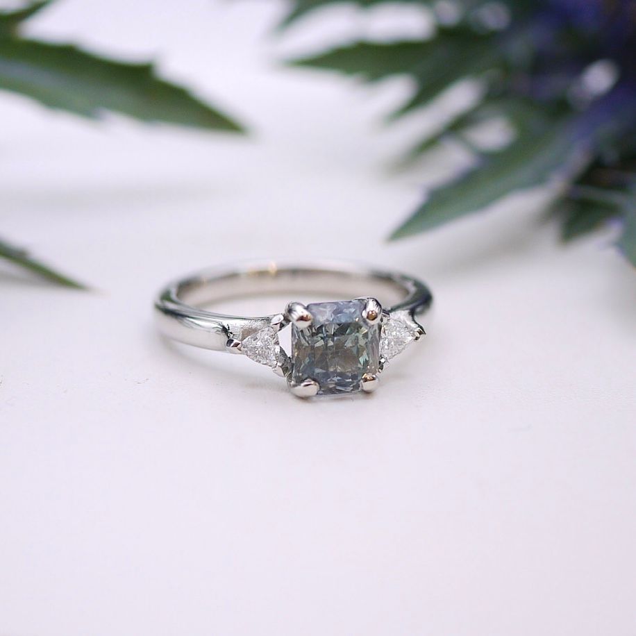Steely blue sapphire and diamond ring
