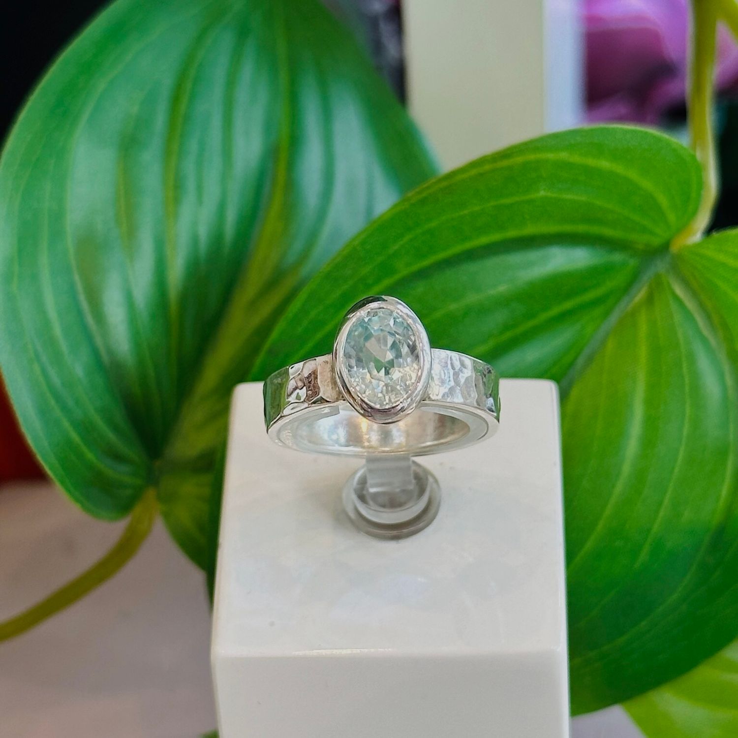 Blue zircon hammered ring