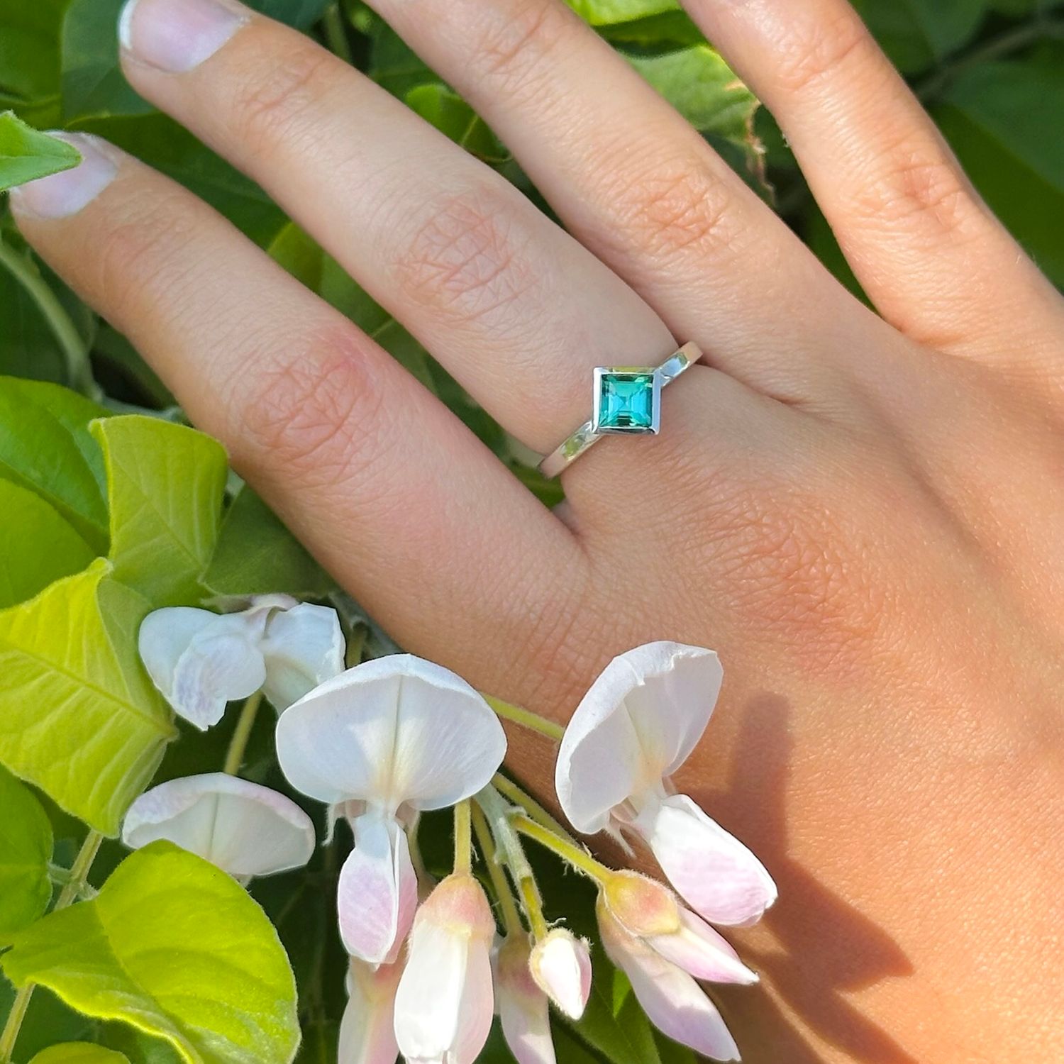 Princess-cut mint tourmaline ring
