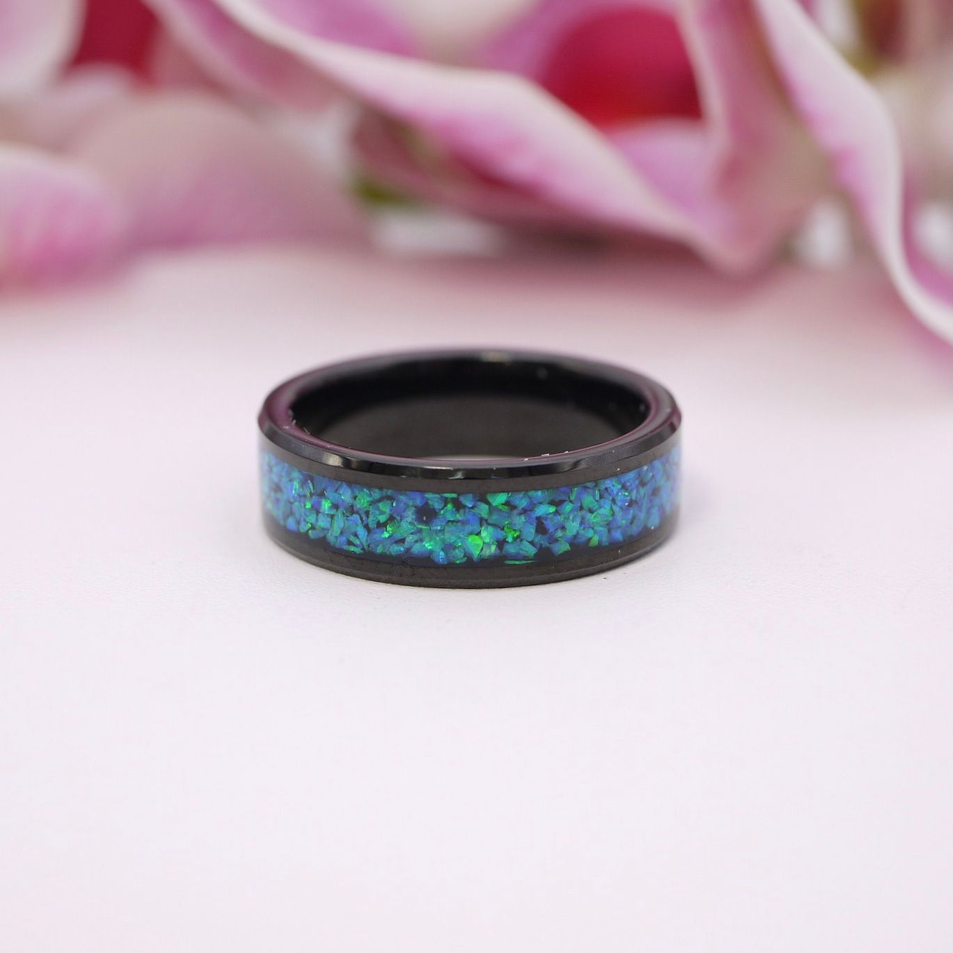 Black ring with blue opal replica inlay, Size: 62 (T 3/4)