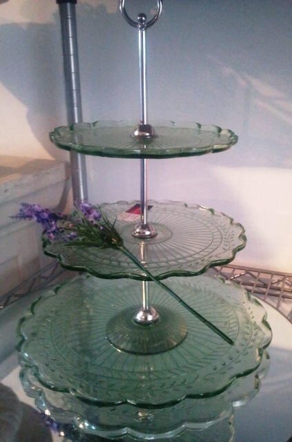 Cake stand - green glass; 3 tier