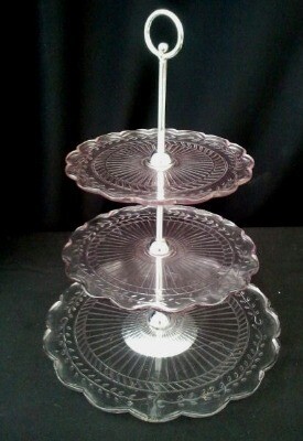 Cake stand - pink glass; 3 tier