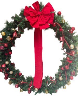 Wreath; large pine (1.2m) red and gold decorations with fairy lights