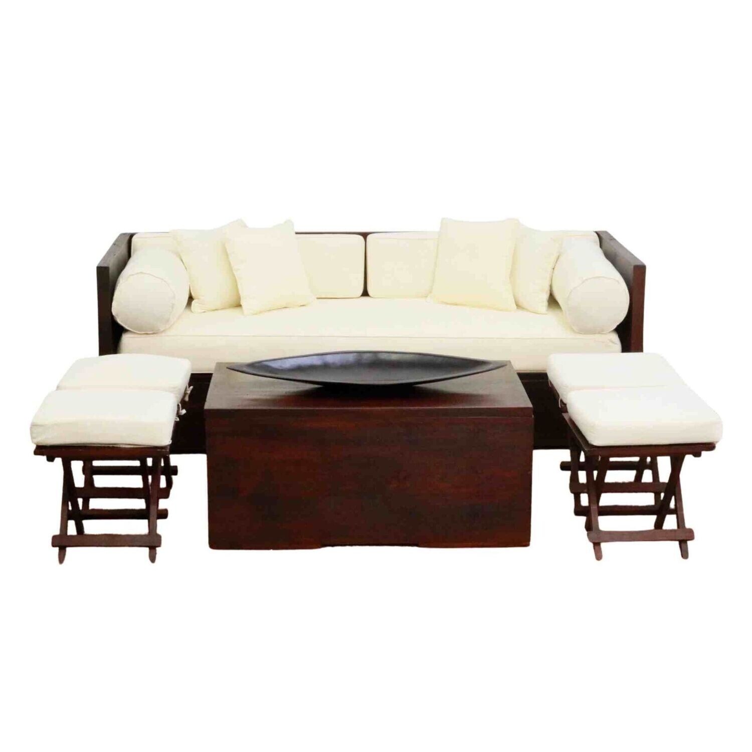 Sofa; dark wood with cream cushions - 3 seater