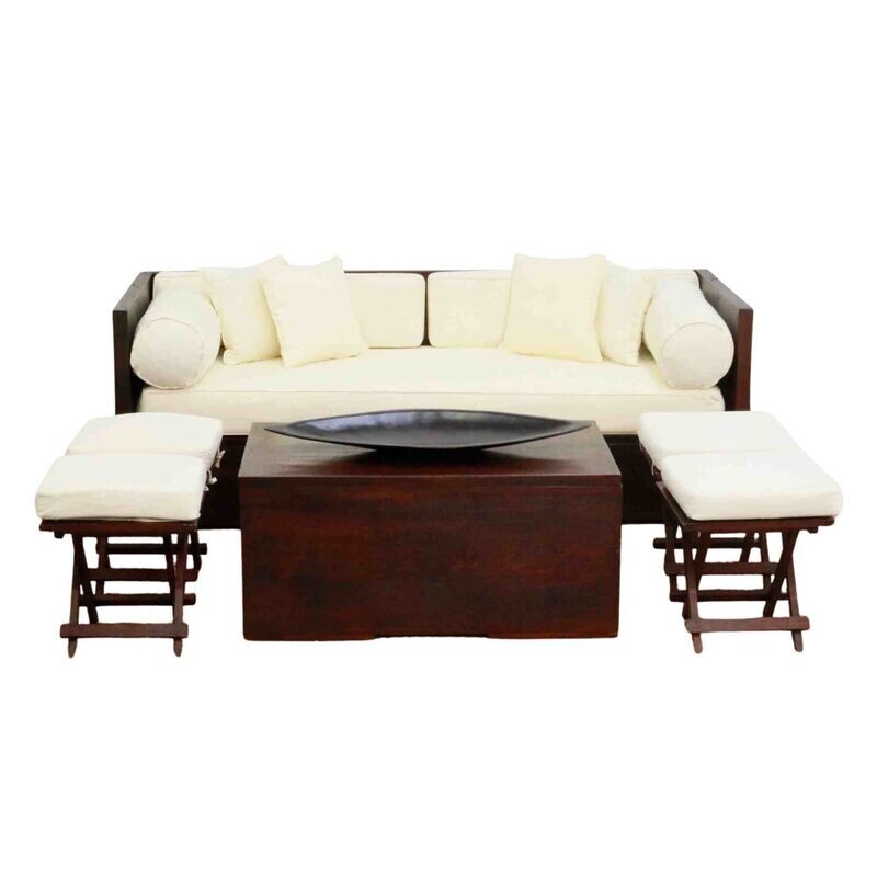 Sofa (Balinese); dark wood with cream cushions - 3 seater