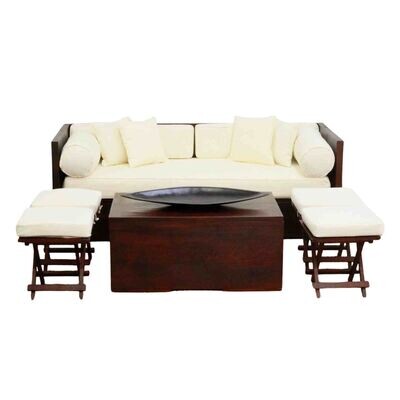 Sofa (Balinese); dark wood with cream cushions - 3 seater