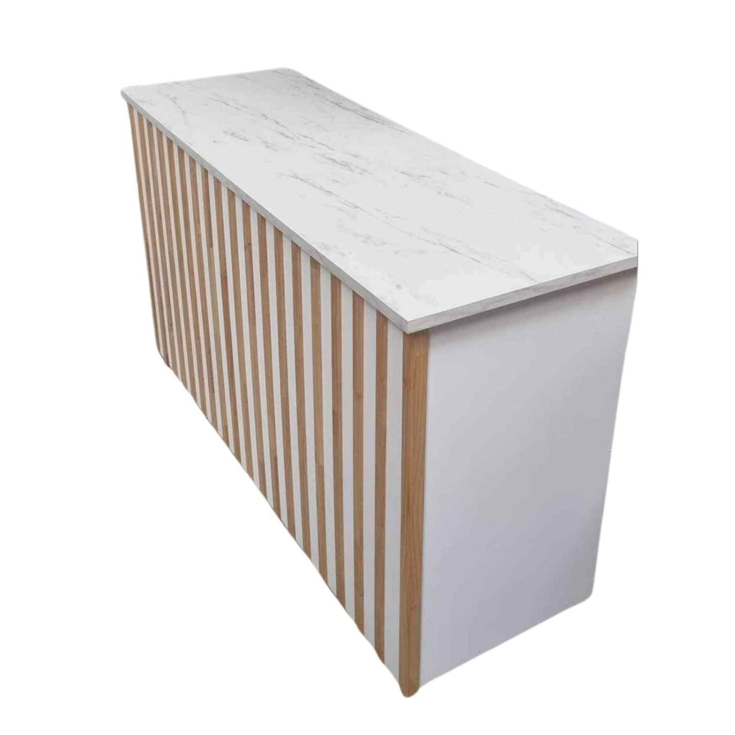 Bar station, white with wooden slat and white marble top (1.8m)
