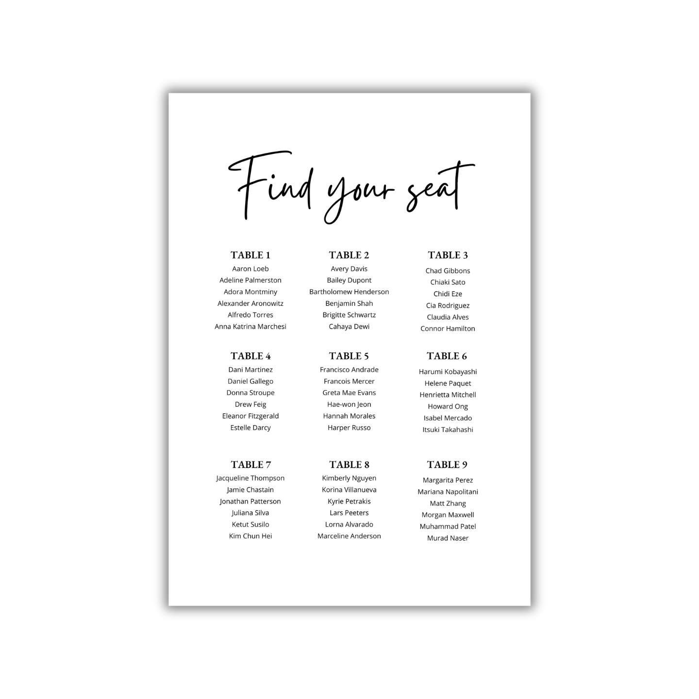 Seating Plan – Design & Print (white card - 3 layout options)