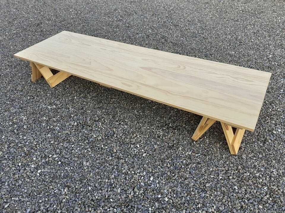 Wooden trestle table, with low legs