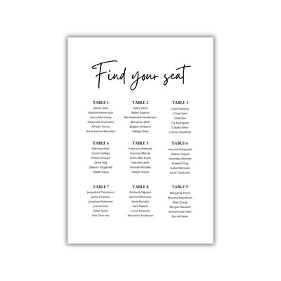 Seating Plan – Design & Print (white card - 3 layout options)