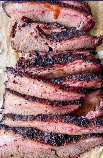 Brisket with onion, pickles, and BBQ sauce